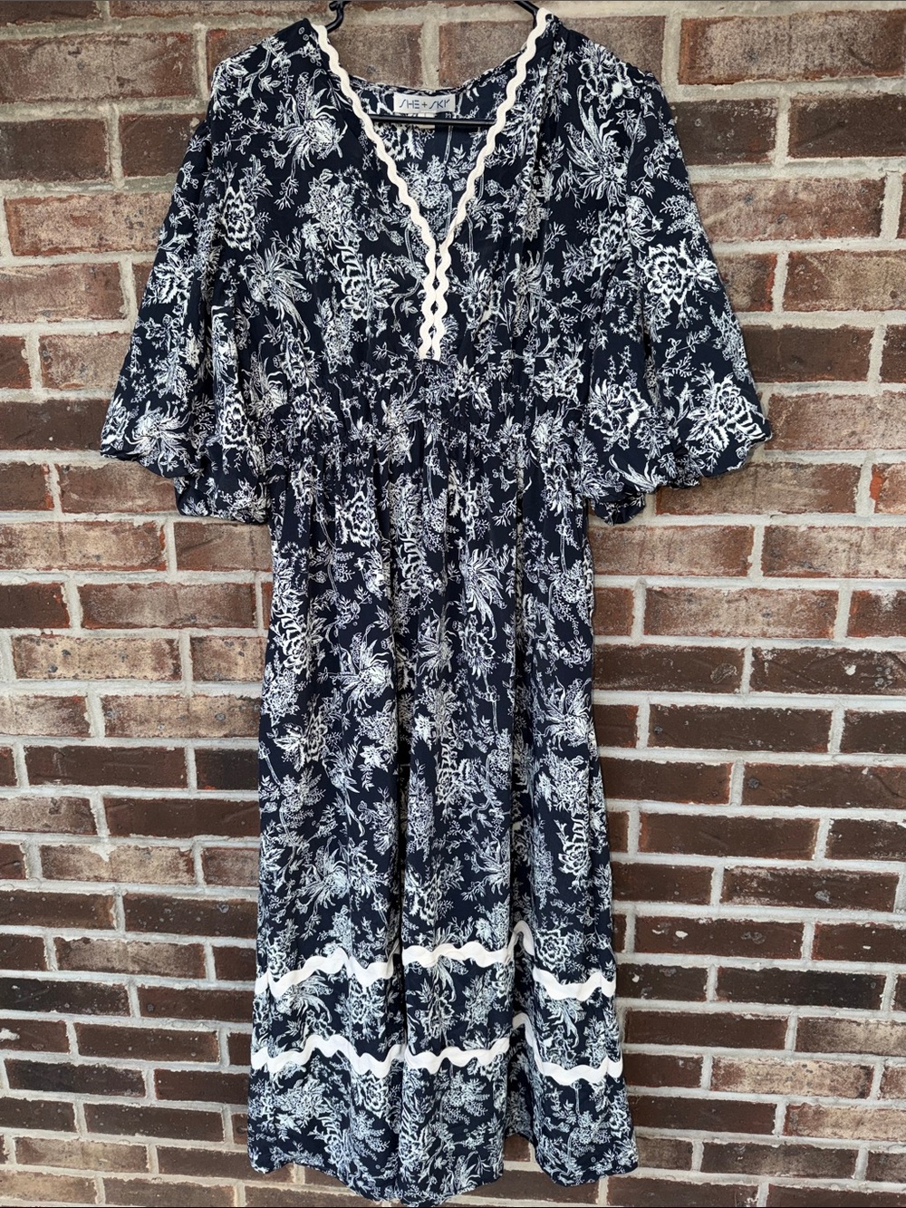 SHE * SKY Navy Floral Midi Dress with Lace Trim